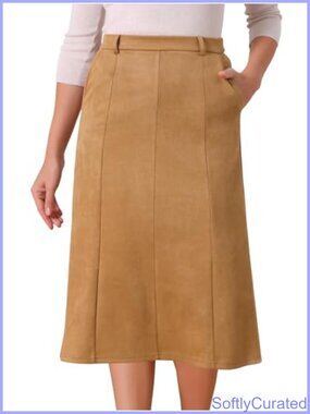 Faux Suede A-Line Midi Skirt High Waist Fall Winter Work Skirt